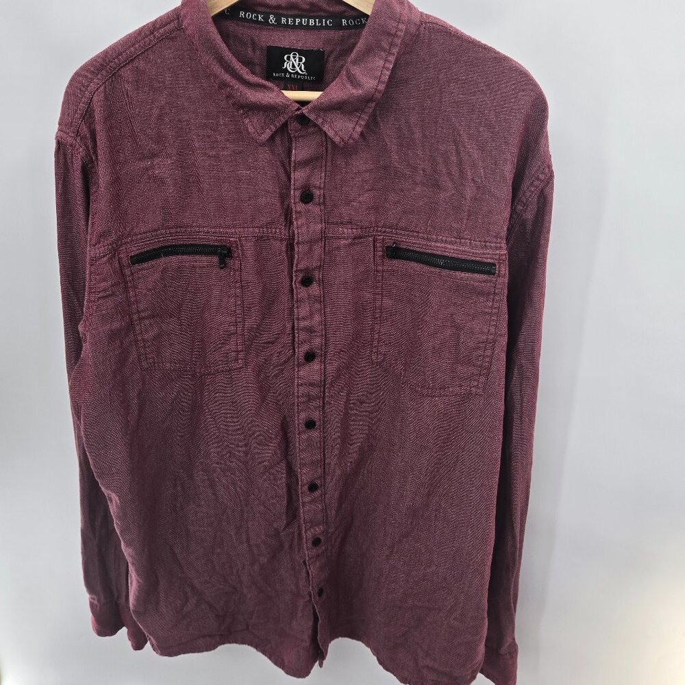 Rock & Republic Red Burgundy 100% Cotton Button Down Long Sleeved Shirt XXL
